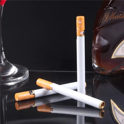 Metal cigarette shaped lighter showing exact cigarette scale and compact design