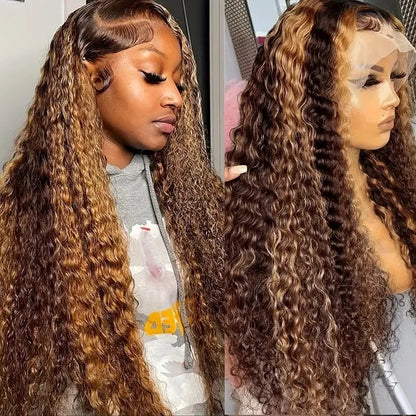 A long curly synthetic lace wig in a highlight gradient colour, shown on a wig stand.