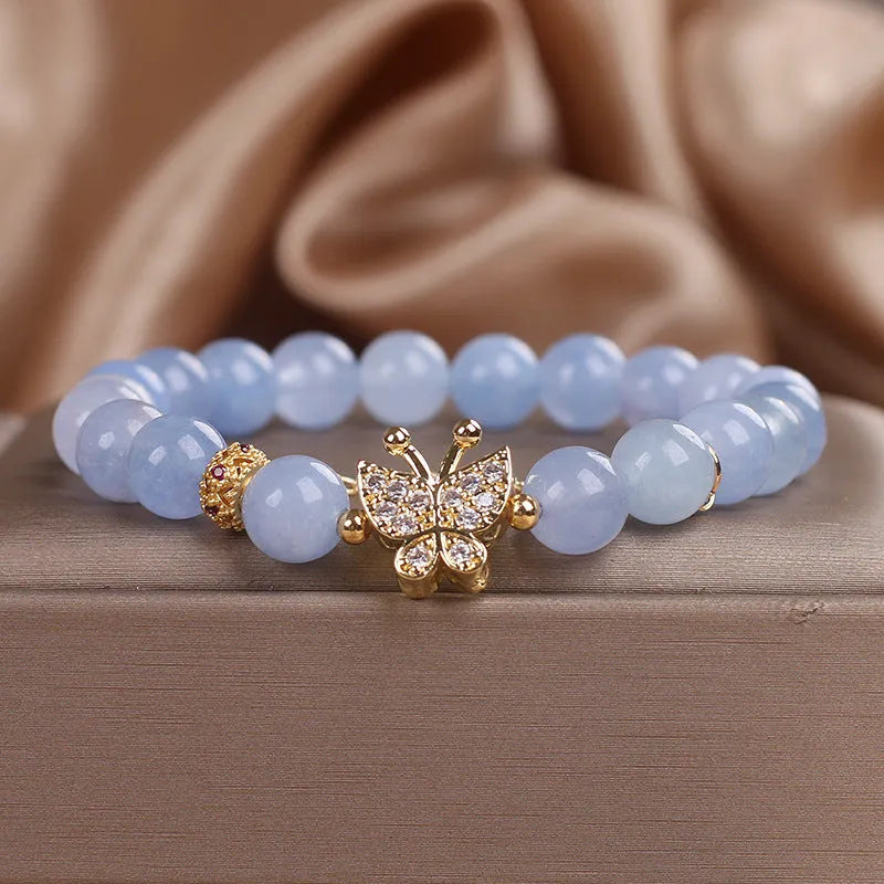 Sky blue aquamarine butterfly crystal bracelet for women with pearl accents and rhinestones