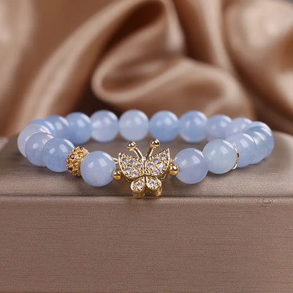 Sky blue aquamarine butterfly crystal bracelet for women with pearl accents and rhinestones