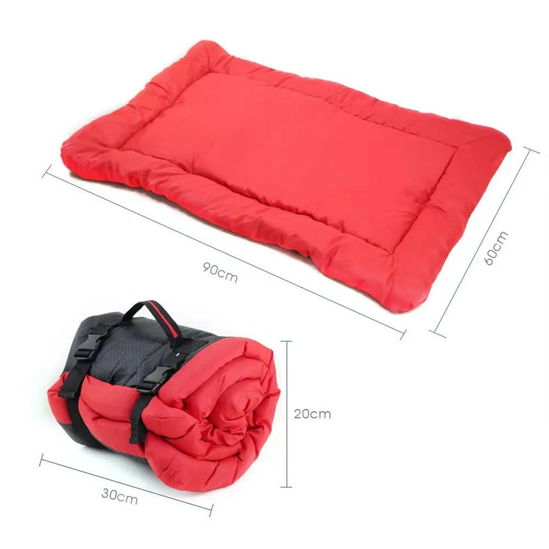 Outdoor dog bed portable camping travel bed with 1200D Oxford waterproof material, foldable design with nylon buckles, available in large (120x80cm) or small (90x60cm) sizes, featuring dotted non-slip fabric base, machine washable for cats and dogs