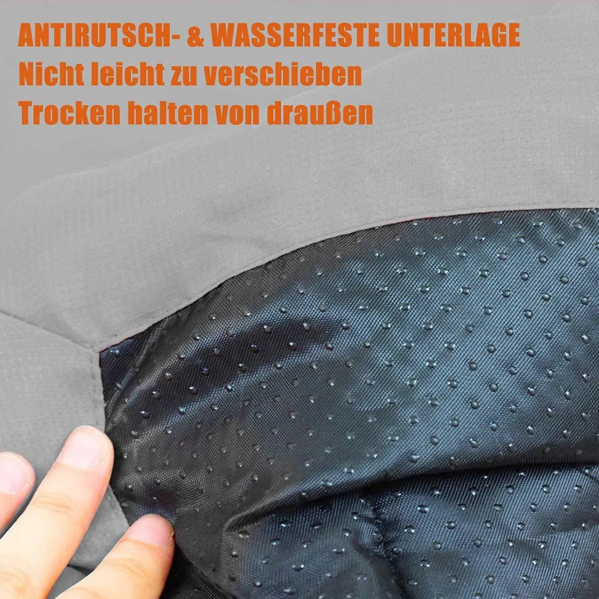 Blue foldable outdoor dog bed shown both fully unfolded and folded with buckles, on grass.