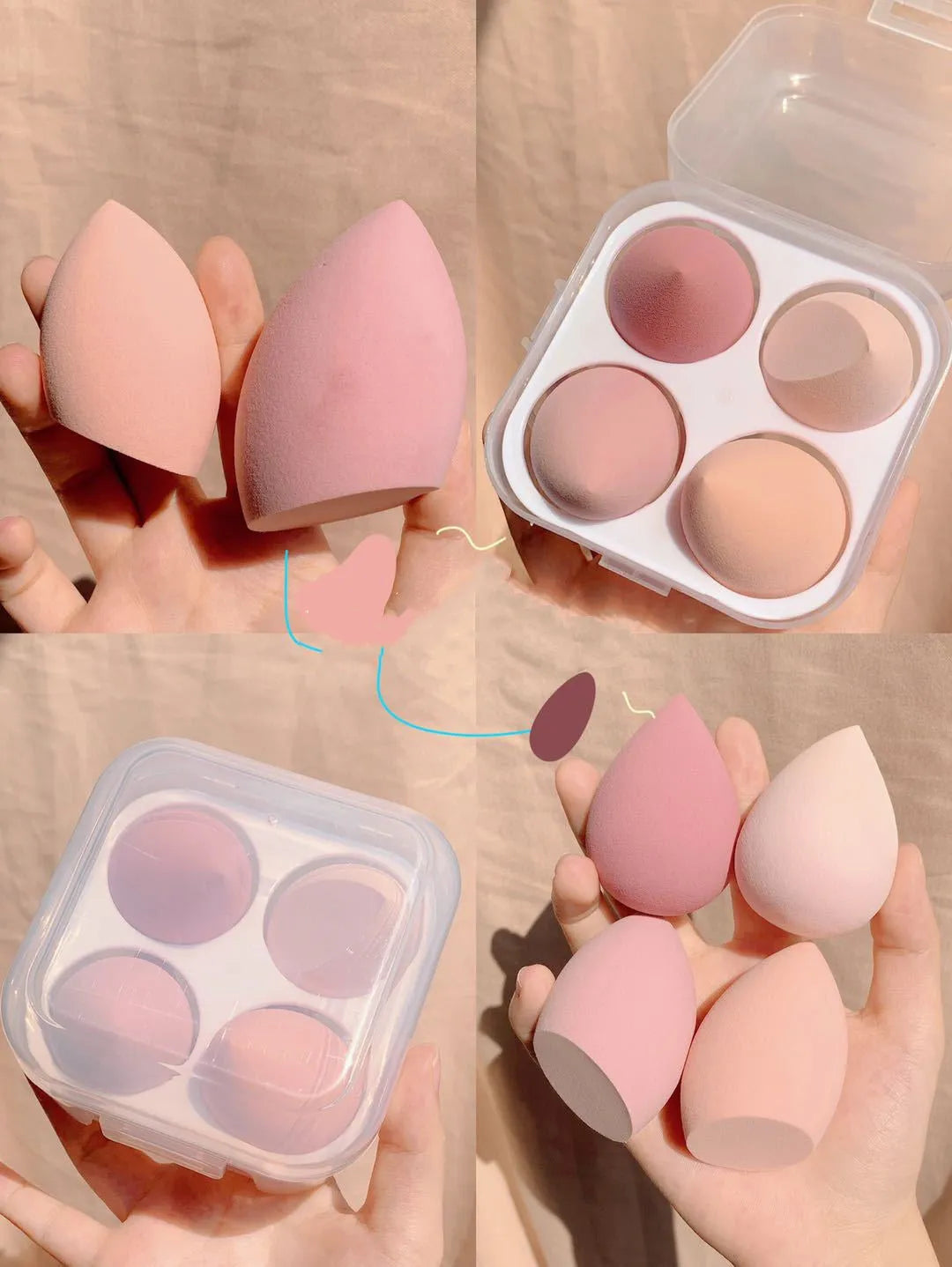 Four colourful synthetic makeup sponge eggs in a box, each measuring 6 cm.