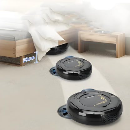 Blue floor sweeping robot vacuum cleaner on a wooden floor