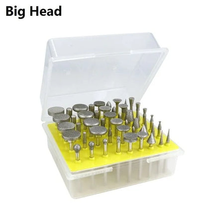Alloy diamond grinding head set with elliptical cone shape and 3mm shank for rotary tools.