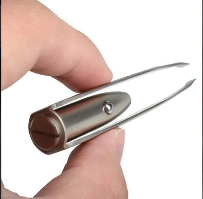 Stainless steel LED beauty tweezers with a push-button switch showing illuminated tips for eyebrow grooming.