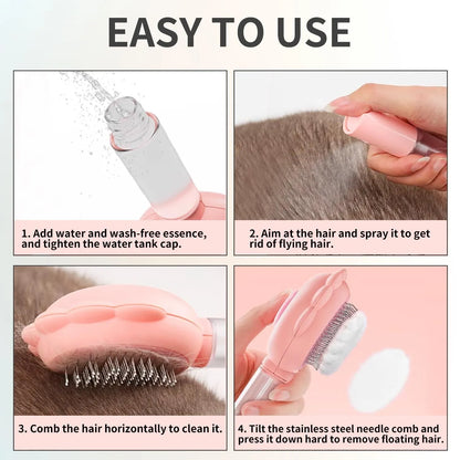 Spray cat brush with grey handle, stainless steel pins, and water spray function for grooming pets