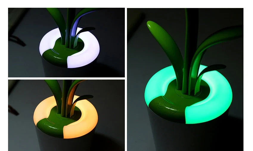 A stylish, plant-inspired LED desk lamp with three brightness levels and a rechargeable battery for cordless convenience