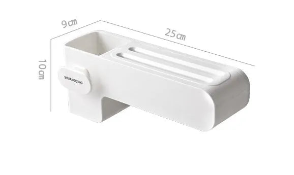 White modern plastic knife block holding six kitchen knives on a countertop.