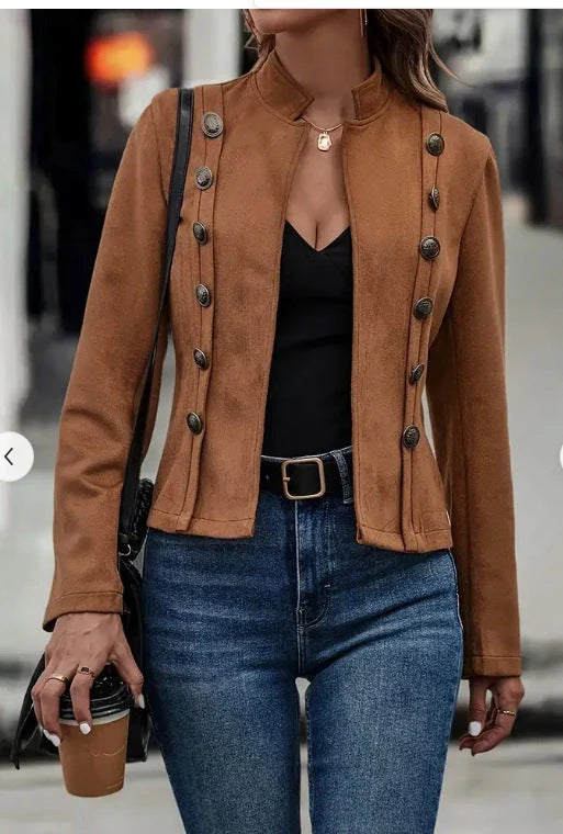 Stylish double-breasted short jacket for women, featuring a retro suede design and available in a variety of rich colors