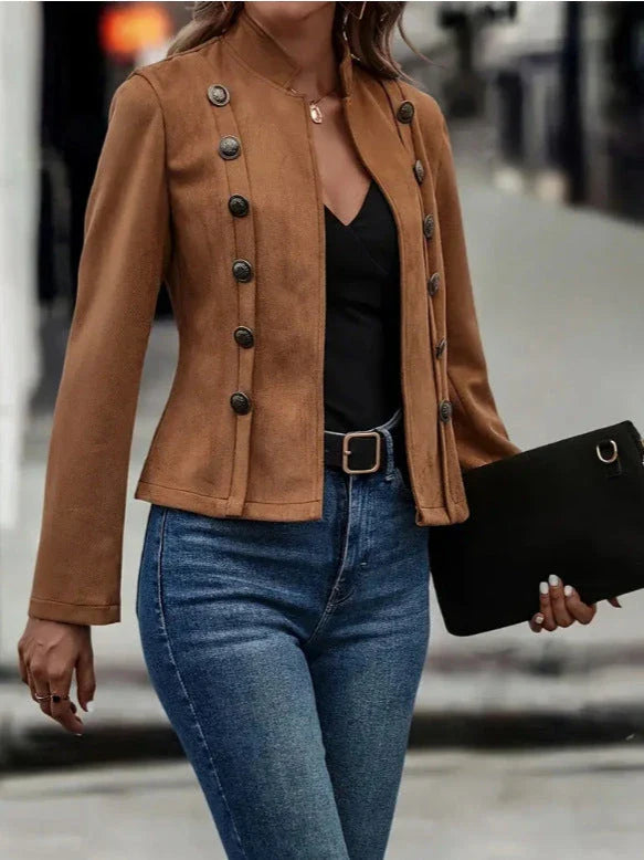 Stylish double-breasted short jacket for women, featuring a retro suede design and available in a variety of rich colors