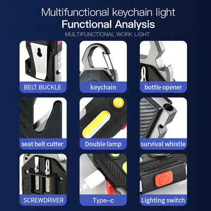 Multifunctional emergency light with mountaineering buckle showing bottle opener and seat belt cutter tools