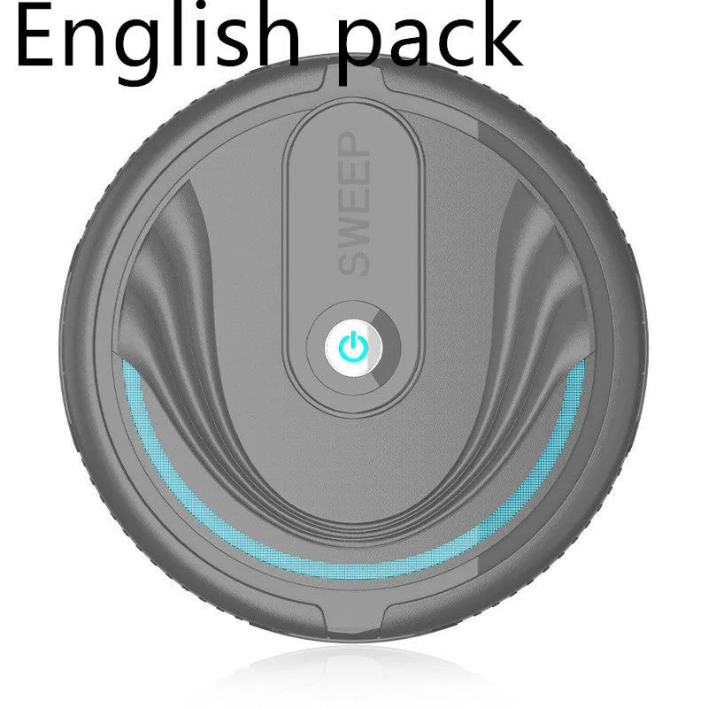 Black automatic sweeping robot vacuum cleaner with remote control on a wooden floor.