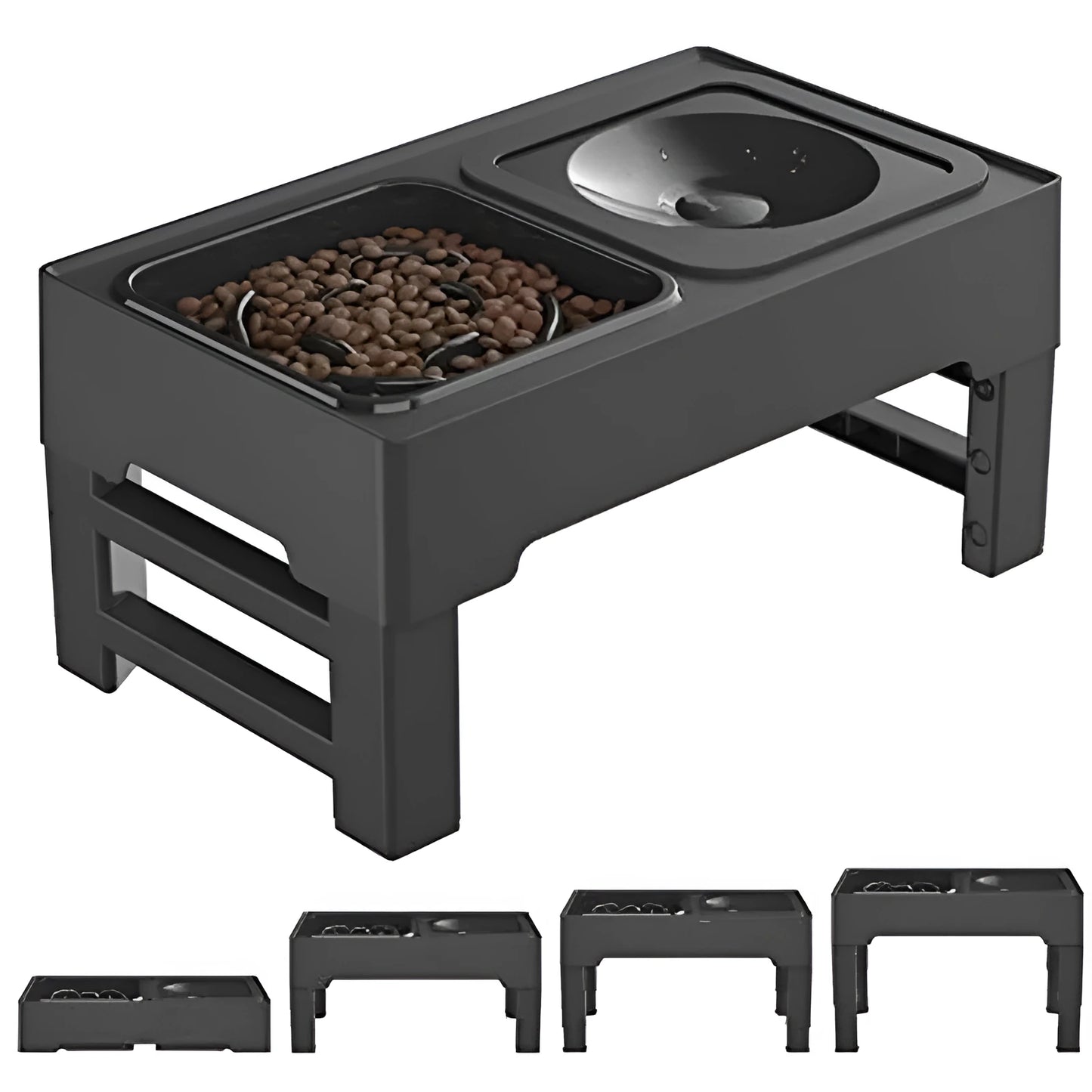Adjustable elevated dog feeding station with slow feeder bowl and water bowl on foldable legs