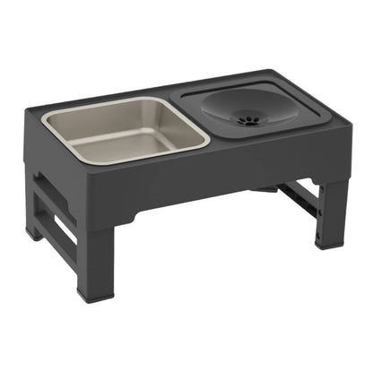Adjustable elevated dog feeding station with slow feeder bowl and water bowl on foldable legs