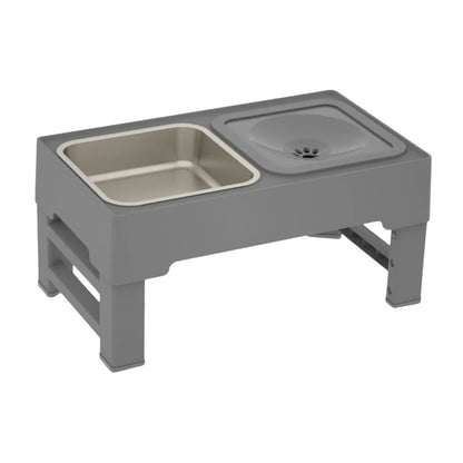 Adjustable elevated dog feeding station with slow feeder bowl and water bowl on foldable legs
