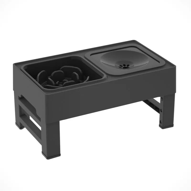 Adjustable elevated dog feeding station with slow feeder bowl and water bowl on foldable legs
