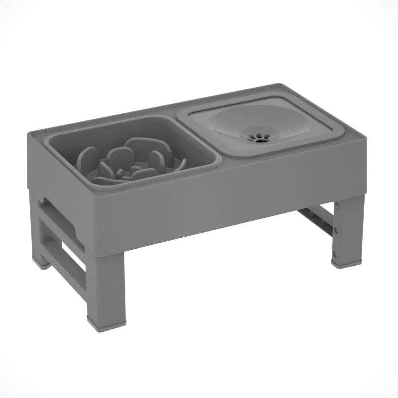 Adjustable elevated dog feeding station with slow feeder bowl and water bowl on foldable legs