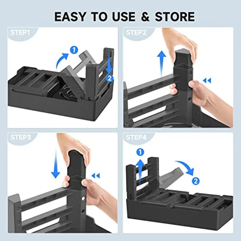 Adjustable elevated dog feeding station with slow feeder bowl and water bowl on foldable legs