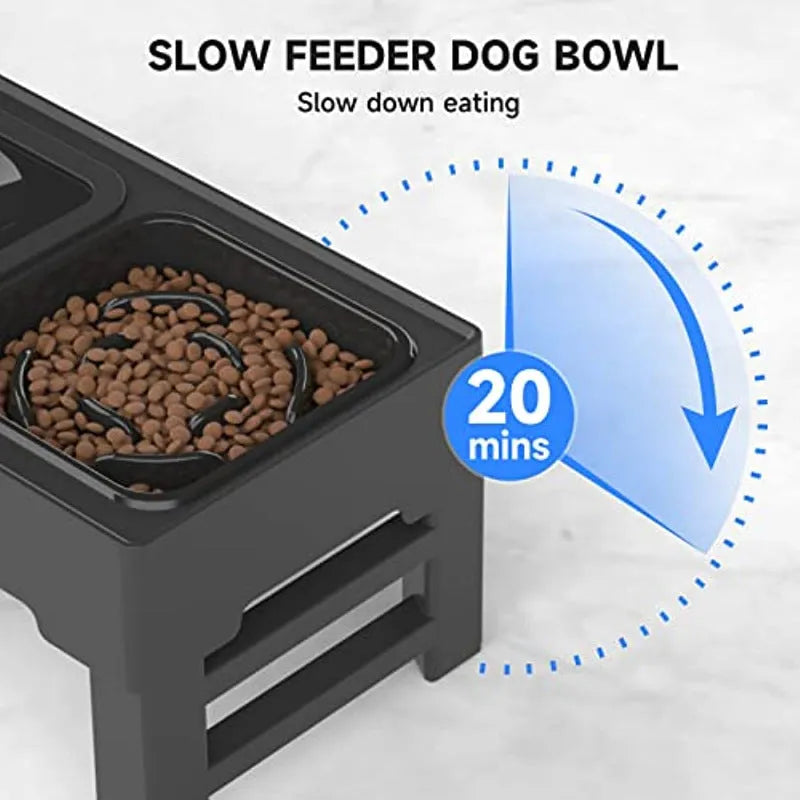 Adjustable elevated dog feeding station with slow feeder bowl and water bowl on foldable legs