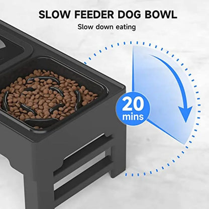 Adjustable elevated dog feeding station with slow feeder bowl and water bowl on foldable legs