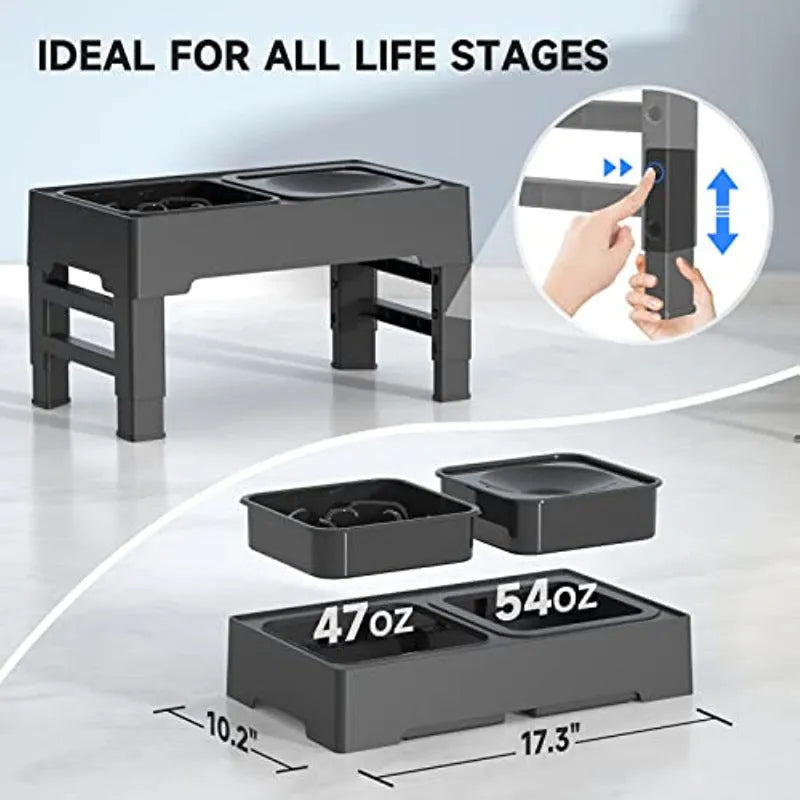 Adjustable elevated dog feeding station with slow feeder bowl and water bowl on foldable legs