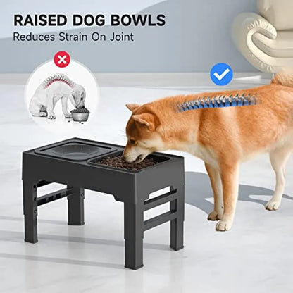 Adjustable elevated dog feeding station with slow feeder bowl and water bowl on foldable legs