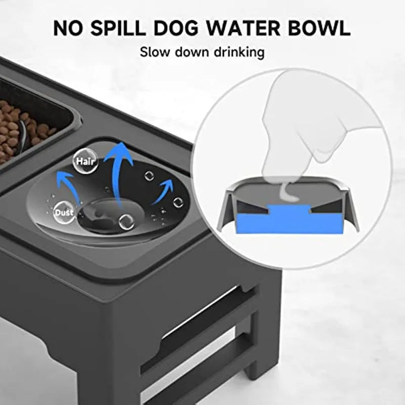 Adjustable elevated dog feeding station with slow feeder bowl and water bowl on foldable legs