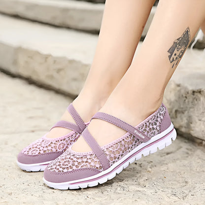 Women's beige lace-up casual flat shoes with a breathable mesh upper and round toe.