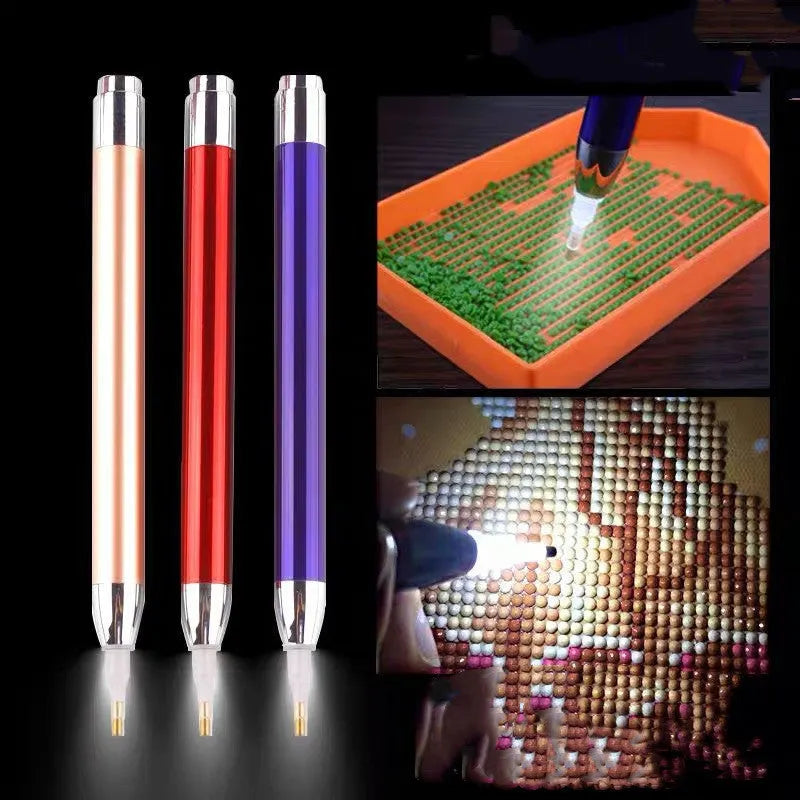 Luminous diamond painting drill pen with metal frame in blue, gold or red colour options