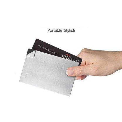 Silver graphene power bank showing ultra-slim 4mm profile with 4000mAh capacity for mobile charging