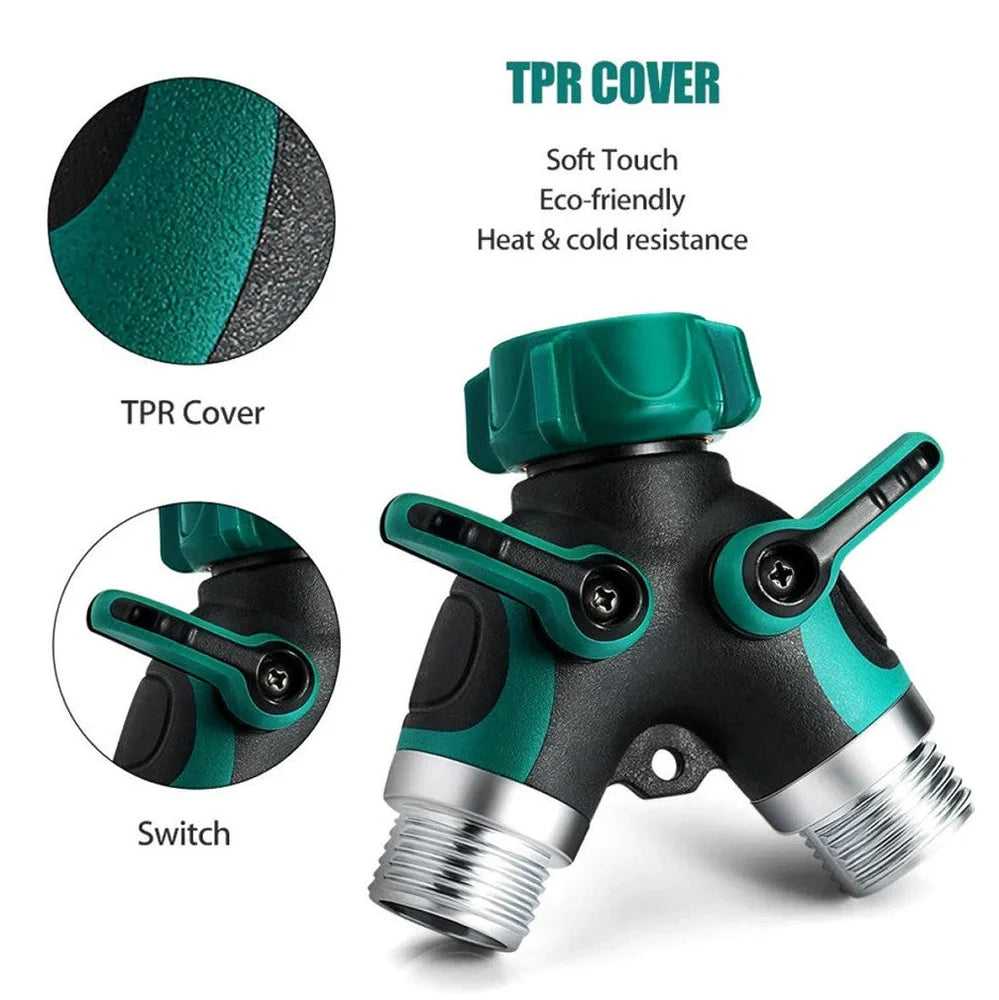 Green plastic Y-shaped water splitter with zinc alloy outlets and copper inlet measuring 94mm