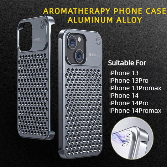 Aluminum alloy iPhone case with hollow design for heat dissipation and aromatherapy feature