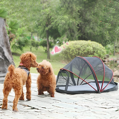Black and blue half mesh portable folding tent for cats on a grey background.