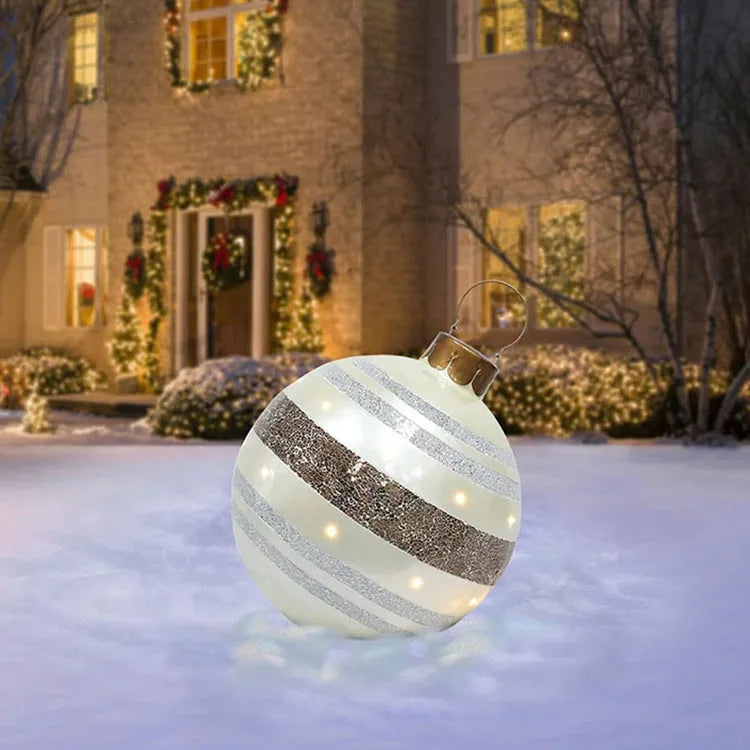 Large 60cm inflatable PVC Christmas decoration ball in bright colours for outdoor garden or tree display.