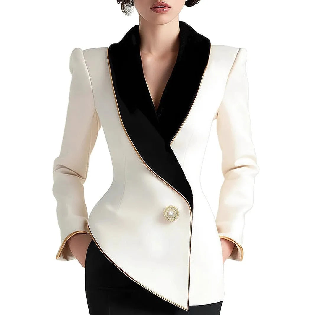 Milky white women's coat with golden edge pearl buttons, long sleeves, medium length