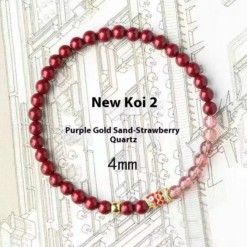 Purple cinnabar and strawberry quartz bracelet with peach blossom and koi beads measuring 19 cm