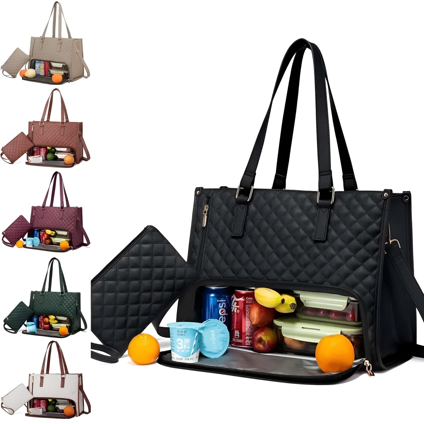 Women's quilted insulated lunch tote bag with laptop compartment and matching wallet in seven colour options