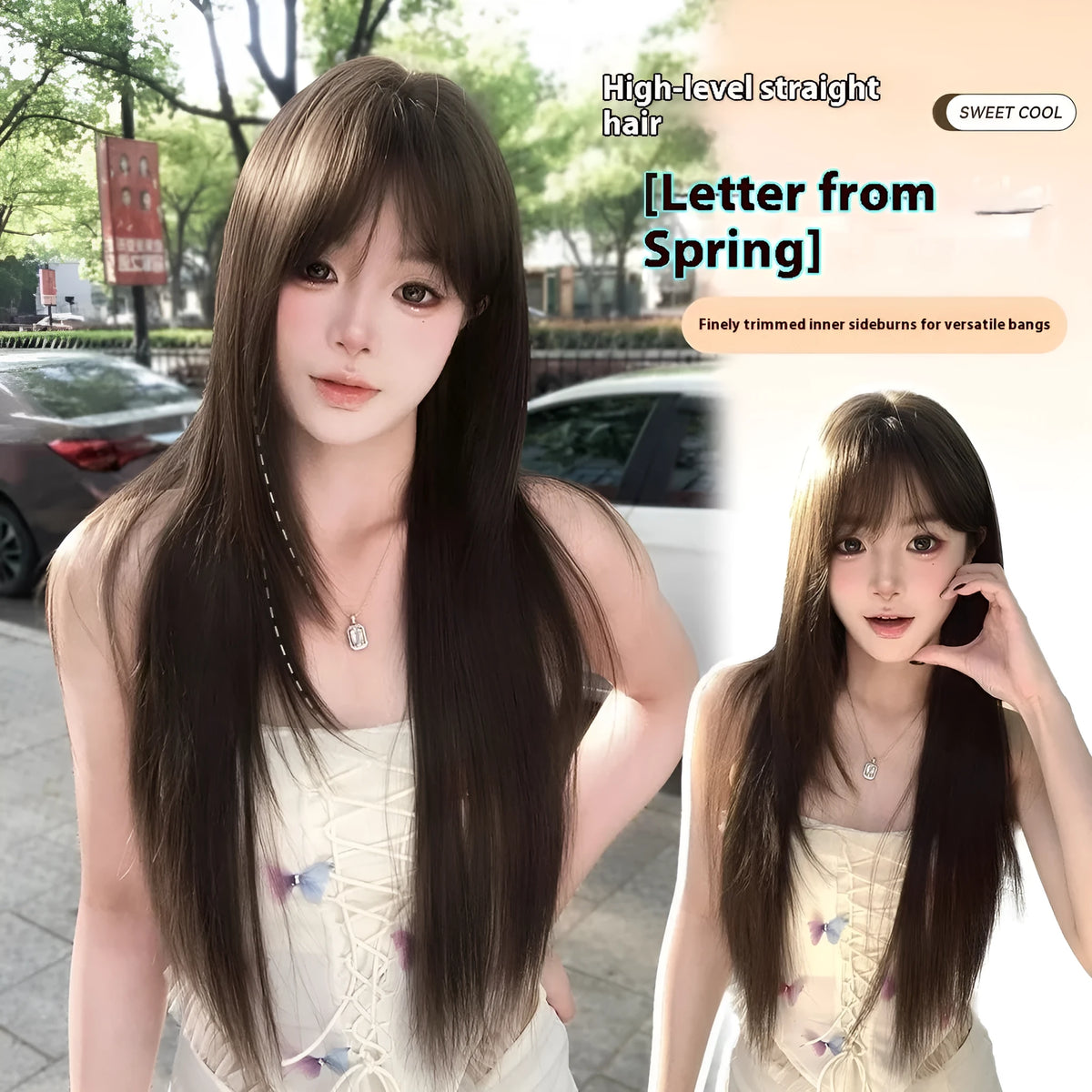 Black-brown high-temperature fibre women's wig with wig stand and styling accessories