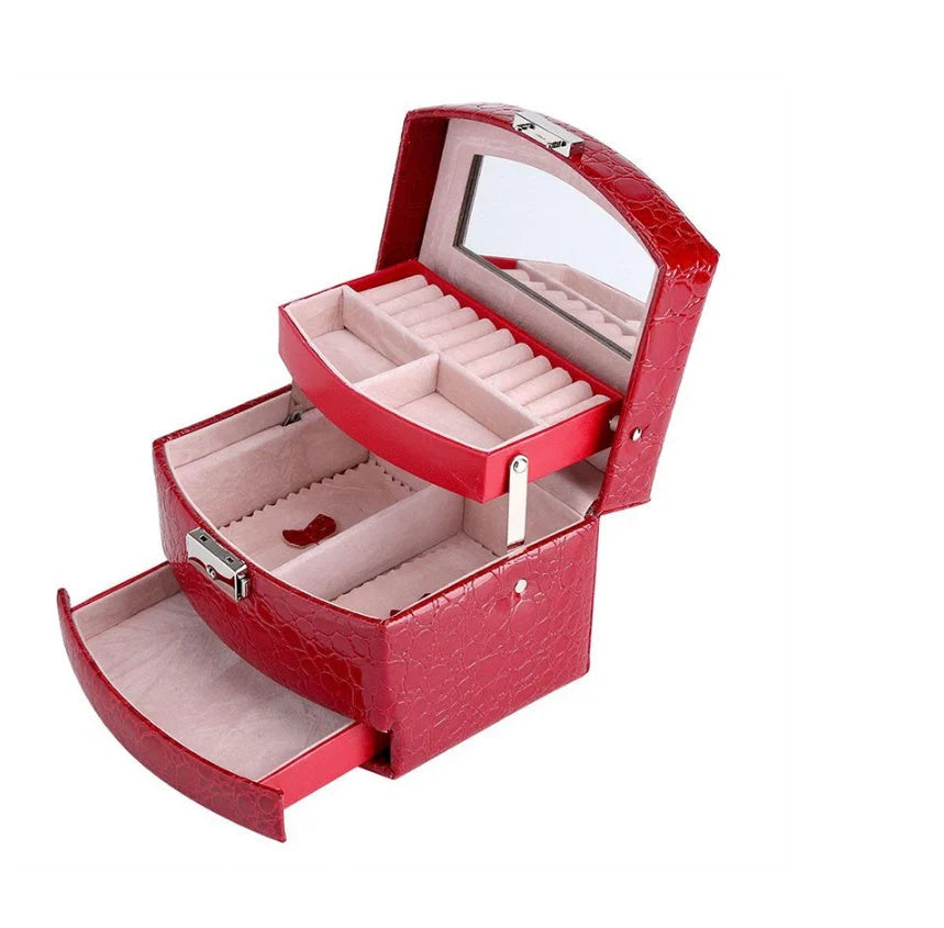 3-layer leather jewellery and makeup storage box with mirror, available in five colours