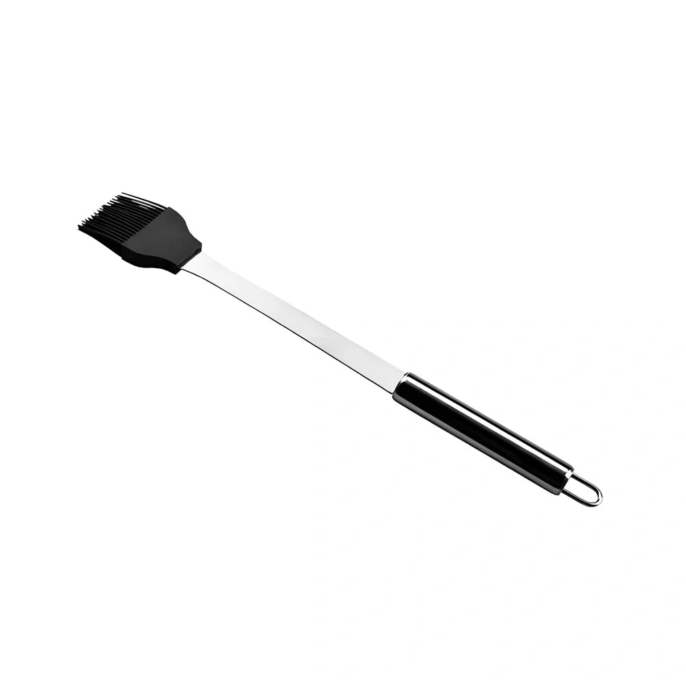 Silver 10-piece stainless steel BBQ tool set with shovel, fork, clip, strings, brush, and tote bag, sized 40x16.5x6cm for outdoor use