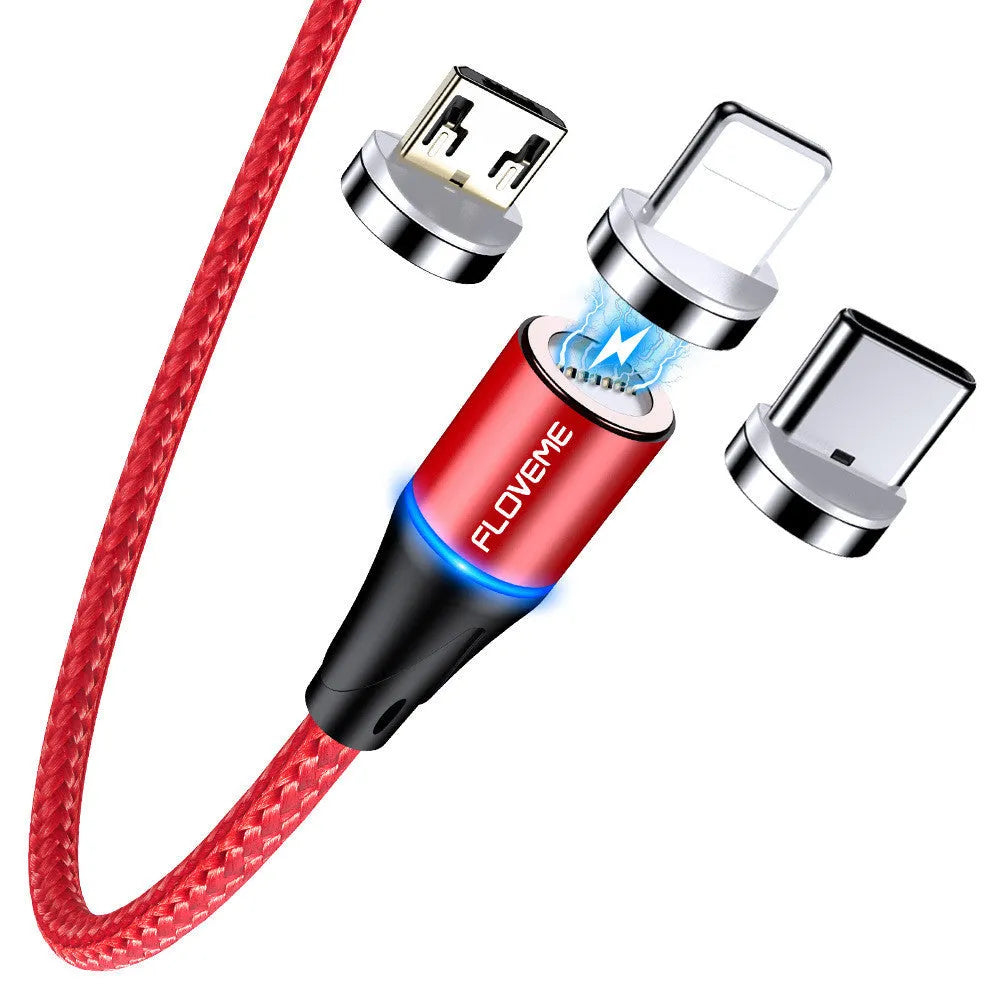 Black magnetic fast charge cable with LED light and three interchangeable tips for iPhone, Android, and Type-C connectors