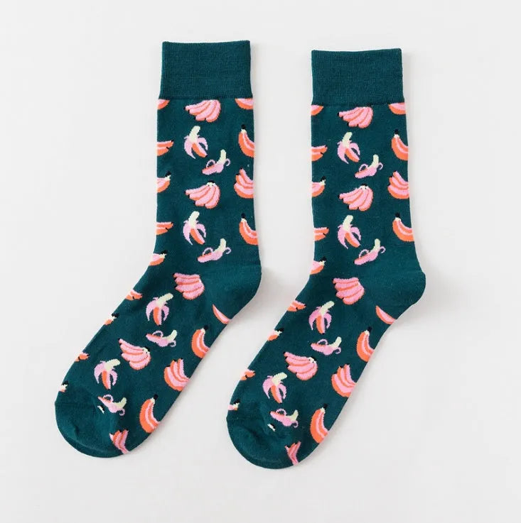 Happy tube socks with fruit banana design, cotton 200-pin knit, EU 39-43, multiple colours