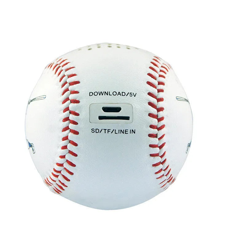 A green Bluetooth speaker shaped like a baseball with a USB port.