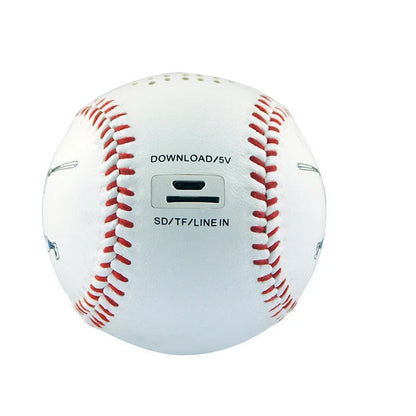 A green Bluetooth speaker shaped like a baseball with a USB port.