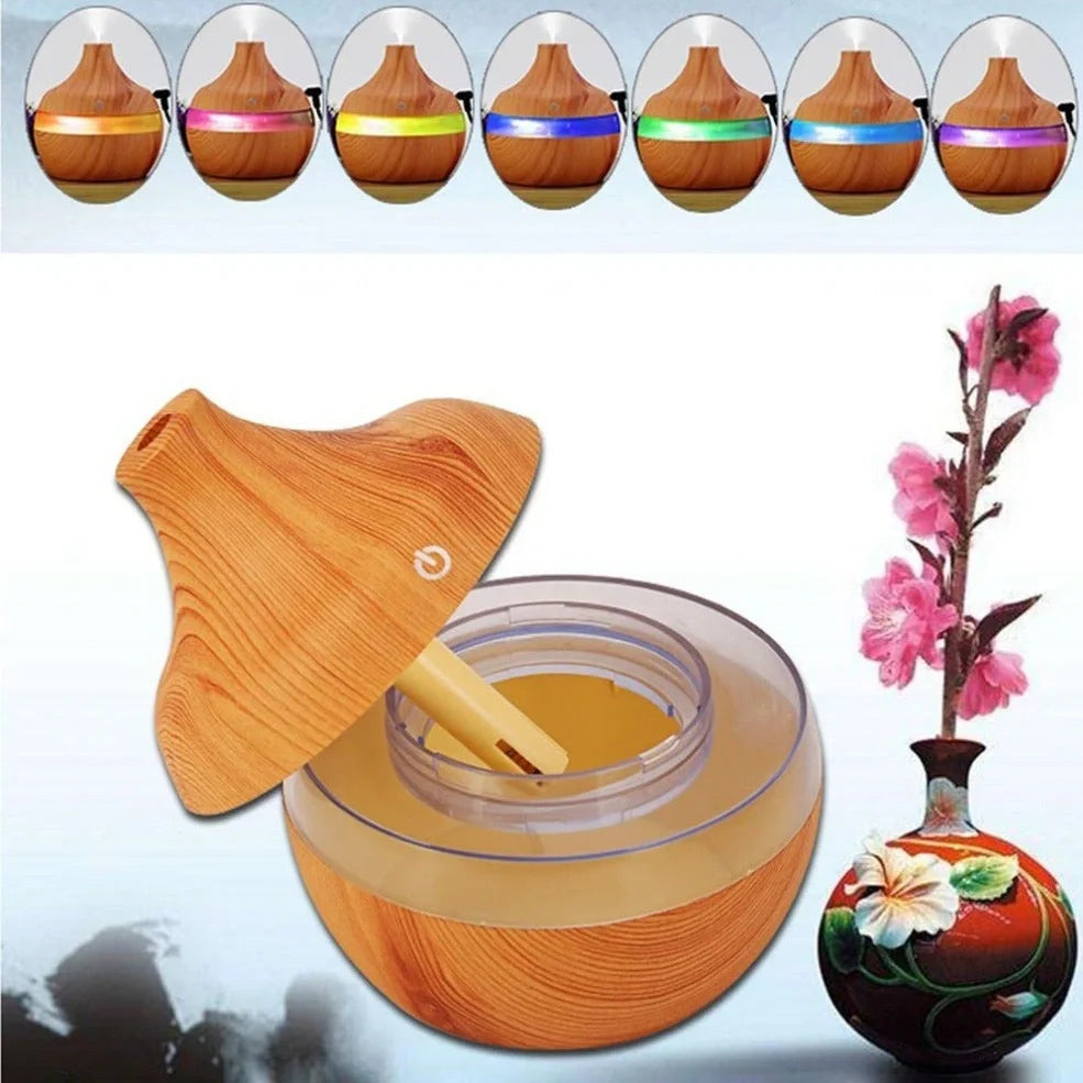 Compact wood grain USB humidifier with 300ml capacity, yellow wood-grain finish, LED lights, for aromatherapy misting