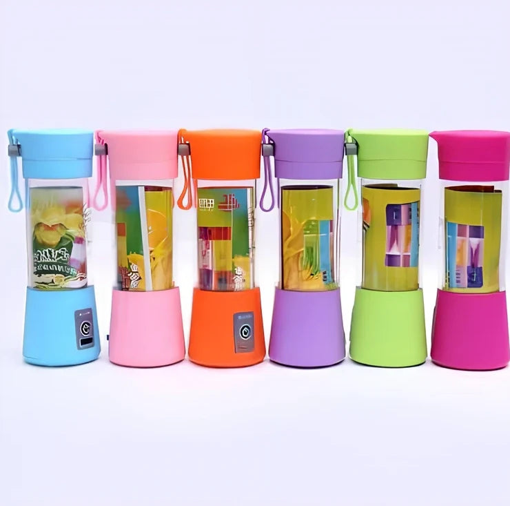 Portable USB rechargeable blender in blue with stainless steel blades, measuring 20 cm tall, for making smoothies.
