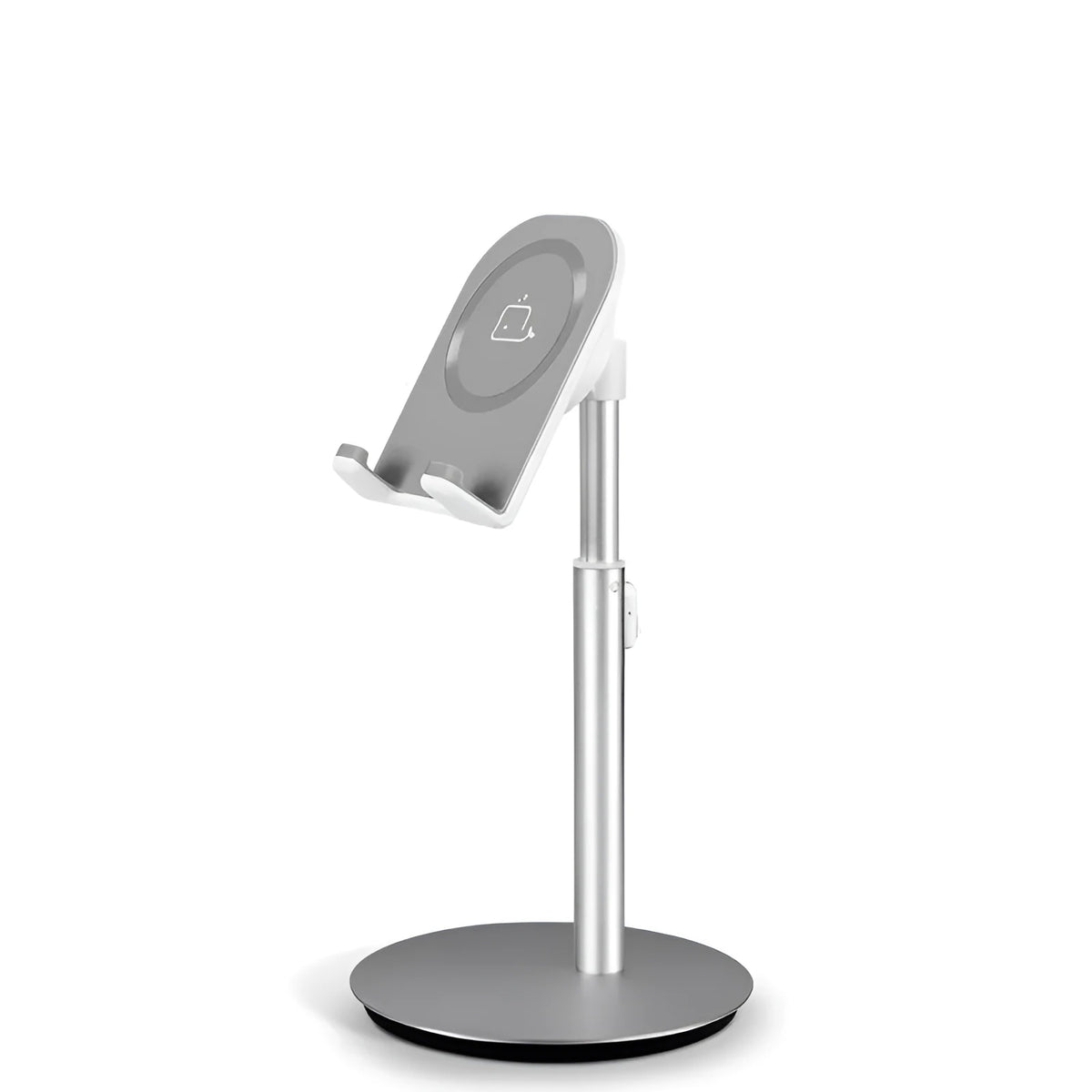 Silver metal desktop stand holding tablet and phone for hands-free viewing