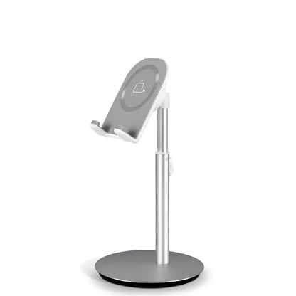 Silver metal desktop stand holding tablet and phone for hands-free viewing
