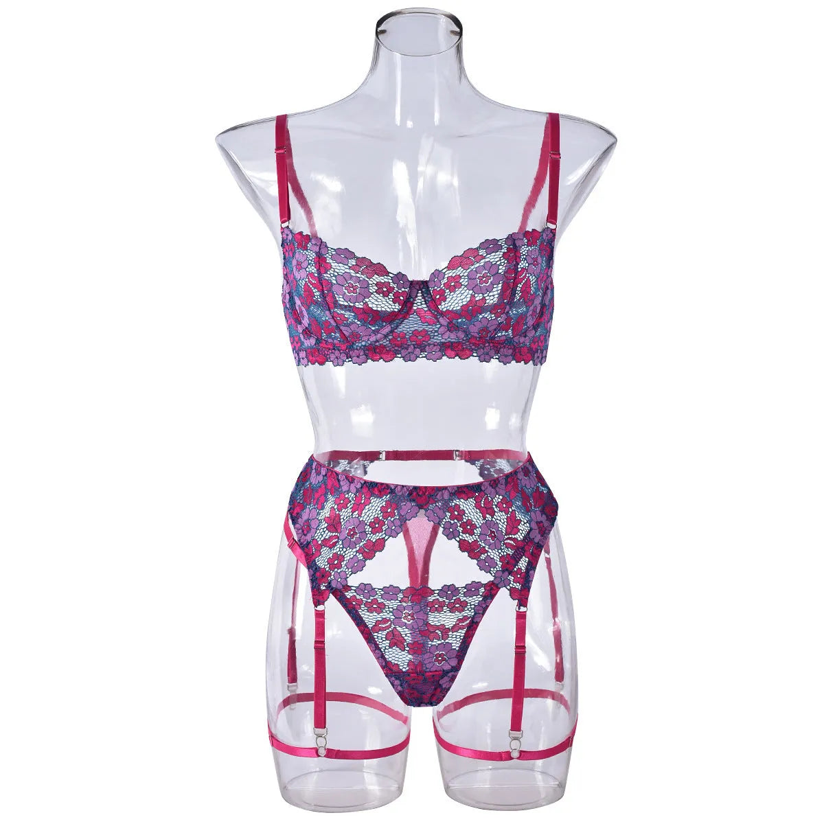 Rose red women's embroidered bikini with contrast colour trim